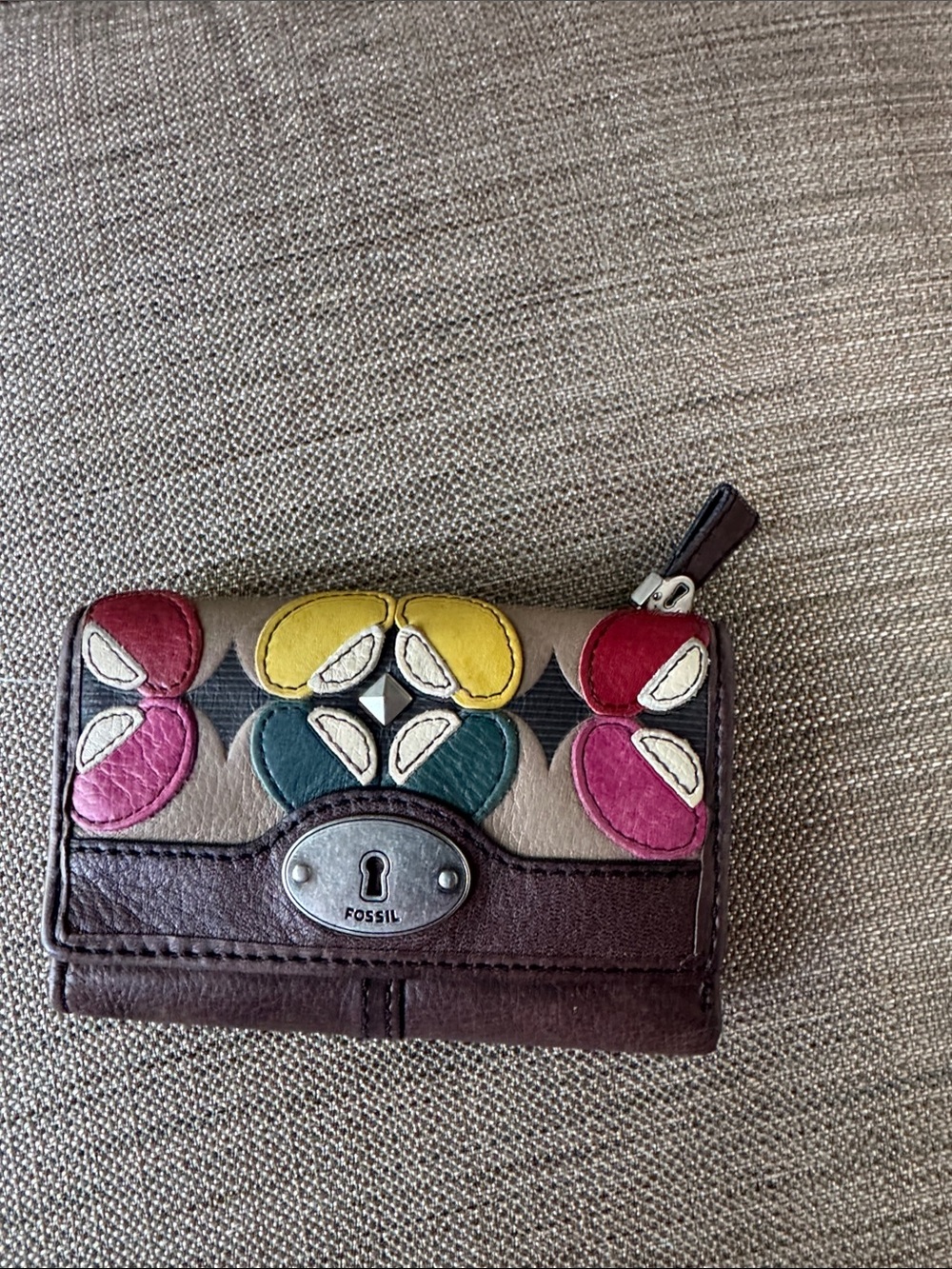 Fossil Brown Leather Wallet with Multicolor Floral Appliqué